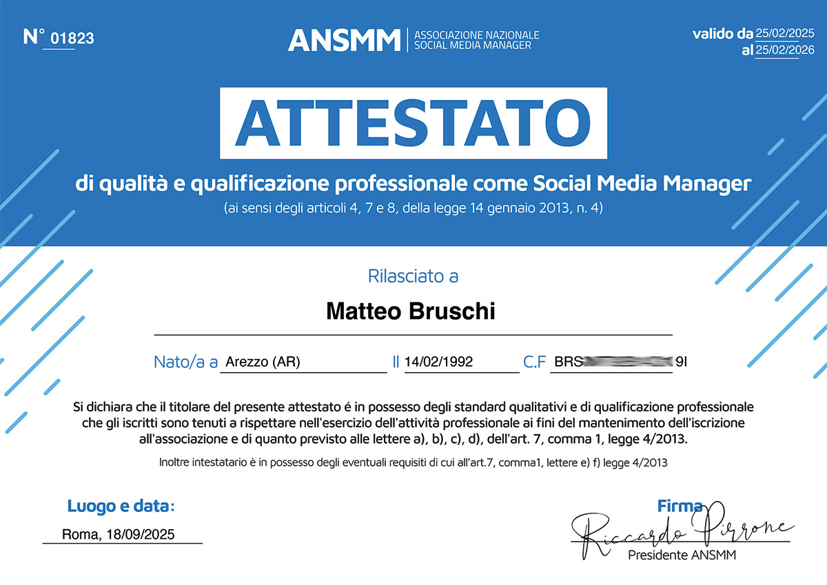Matteo Bruschi certificato ANSMM social media manager Arezzo